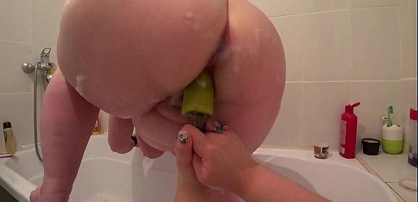  Lesbians POV in bathroom, BBW fucks a bottle of mature milf with a big, pink ass and butt shakes, juicy booty ripples.